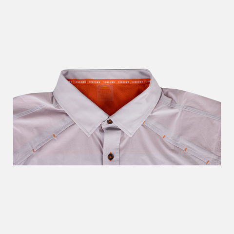 collar of Long sleeve Moonstone performance field shirt showing "SUNDOWN" text in inner collar