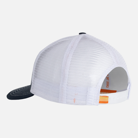 rear view of Navy and white meshback snapback showing rear white mesh