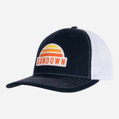 Navy/White Sundown Meshback Snapback with sundown logo patch on front