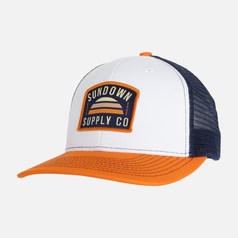 Orange/Navy/White Sundown Supply Meshback Snapback with patch on front with sundown logo and text "SUNDOWN SUPPLY CO ESTD 2022"