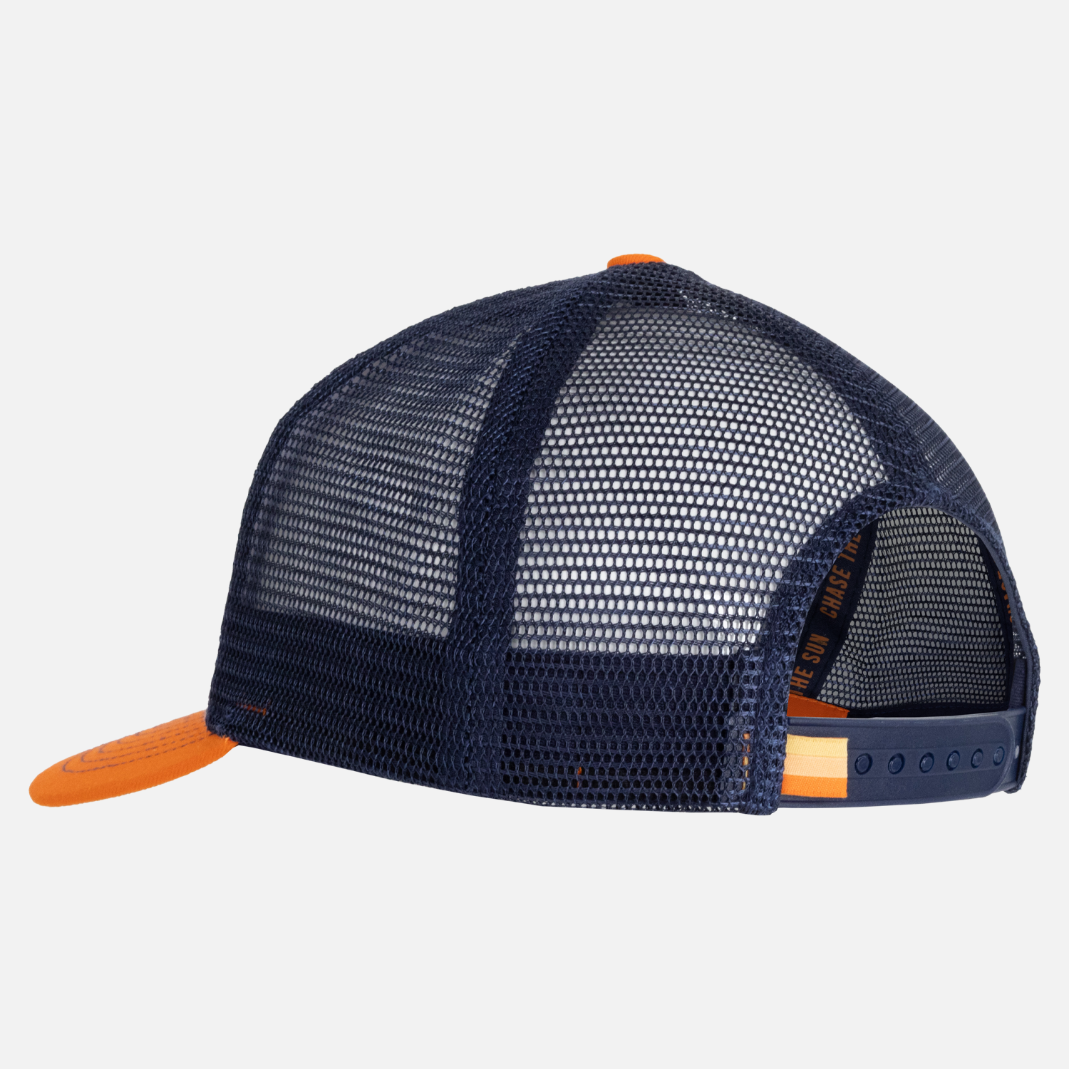 rear view of Orange/Navy/White Sundown Supply Meshback Snapback showing navy mesh back