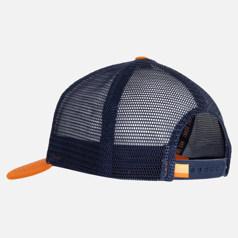 rear view of Orange/Navy/White Sundown Supply Meshback Snapback showing navy mesh back