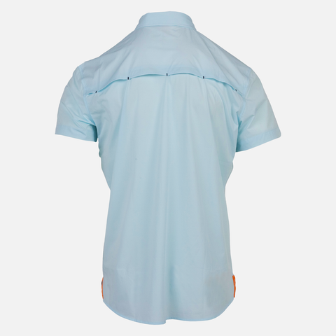 rear view of Sundown faded sky short sleeve performance field shirt