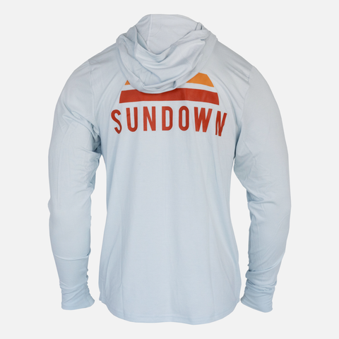 rear view of l/s Faded sky logo bamboo sun hoodie with front pocket showing large orange Sundown logo and "SUNDOWN" text