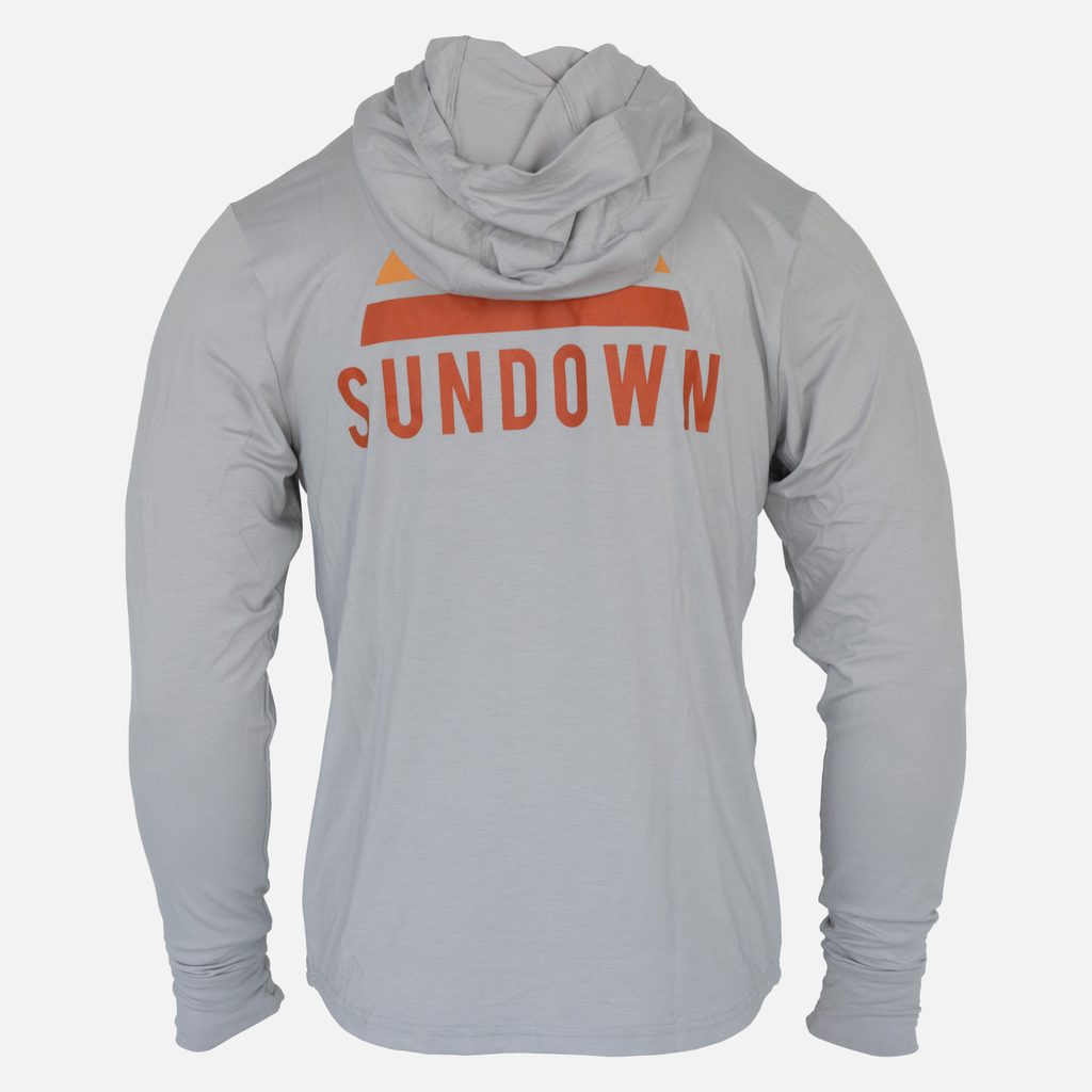 rear view of Grey Logo Bamboo Sun Hoodie L/S showing large sundown logo