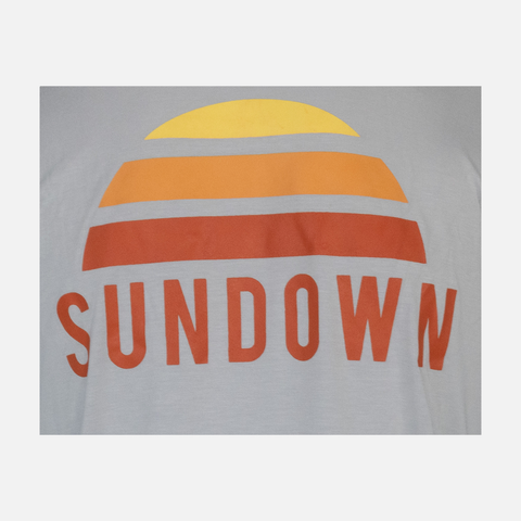 closeup of sundown logo on back of Grey Logo Bamboo Sun Hoodie L/S