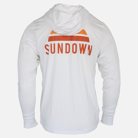 rear view of White Logo Bamboo Sun Hoodie L/S showing large SUNDOWN logo on center back