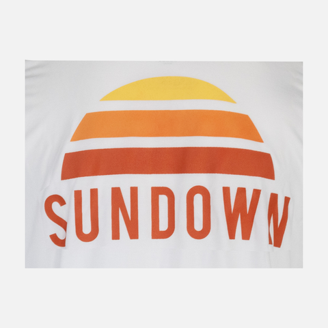 closeup of SUNDOWN logo on center back of White Logo Bamboo Sun Hoodie L/S