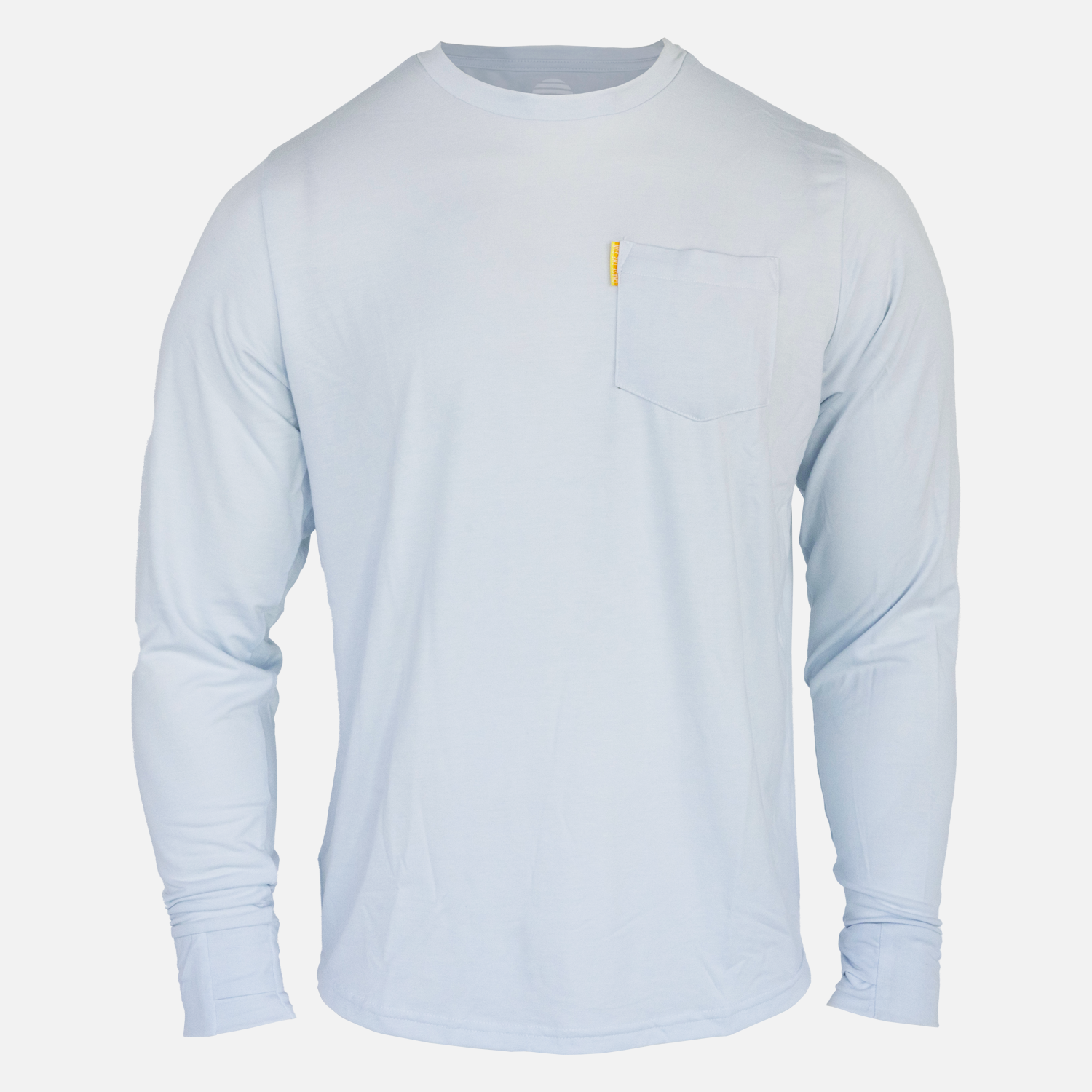 front view of faded sky l/s bamboo sun crew with front pocket
