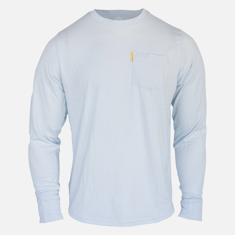 front view of faded sky l/s bamboo sun crew with front pocket