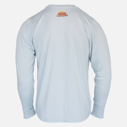 rear view of faded sky l/s bamboo sun crew showing sundown logo on upper back