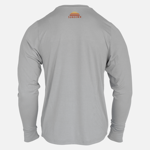 rear view of Grey Logo Bamboo Sun Crew L/S showing small sundown logo on upper back