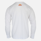 rear view of White Logo Bamboo Sun Crew L/S showing small SUNDOWN logo on upper back