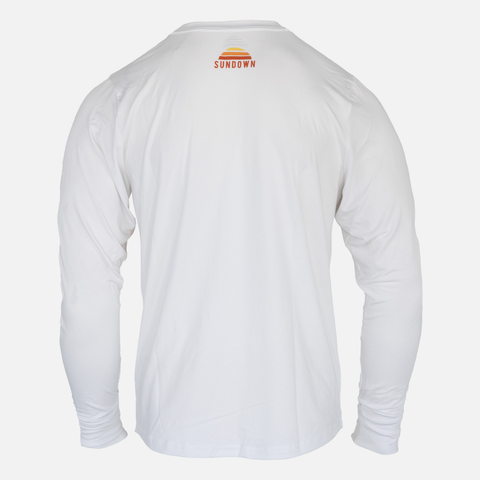 rear view of White Logo Bamboo Sun Crew L/S showing small SUNDOWN logo on upper back