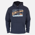 Faded navy heavy weight hoodie with sundown over water graphic on front with text "Chase the sun SUNDOWN Supply co"