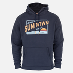 Faded navy heavy weight hoodie with sundown over water graphic on front with text "Chase the sun SUNDOWN Supply co"