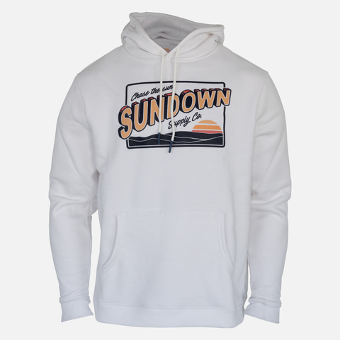 front view of White Greetings Heavyweight Hoodie showing sunset graphic with text "Chase the sun SUNDOWN Supply Co."