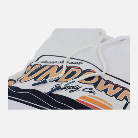 closeup of front of White Greetings Heavyweight Hoodie showing white drawstrings with text "CHASE THE SUN"