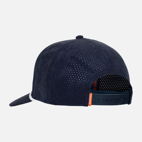 rear side view of Navy Performance Sueded Snapback with orange SUNDOWN Label on back