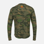 Rear view of Vintage Camo Bamboo Sun Crew L/S showing orange & yellow SUNDOWN logo on upper back