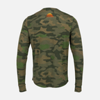 Rear view of Vintage Camo Bamboo Sun Crew L/S showing orange & yellow SUNDOWN logo on upper back