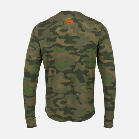 Rear view of Vintage Camo Bamboo Sun Crew L/S showing orange & yellow SUNDOWN logo on upper back