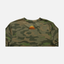 Closeup of upper back of Vintage Camo Bamboo Sun Crew L/S showing Orange and Yellow SUNDOWN logo