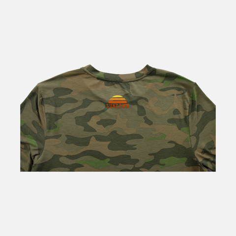 Closeup of upper back of Vintage Camo Bamboo Sun Crew L/S showing Orange and Yellow SUNDOWN logo