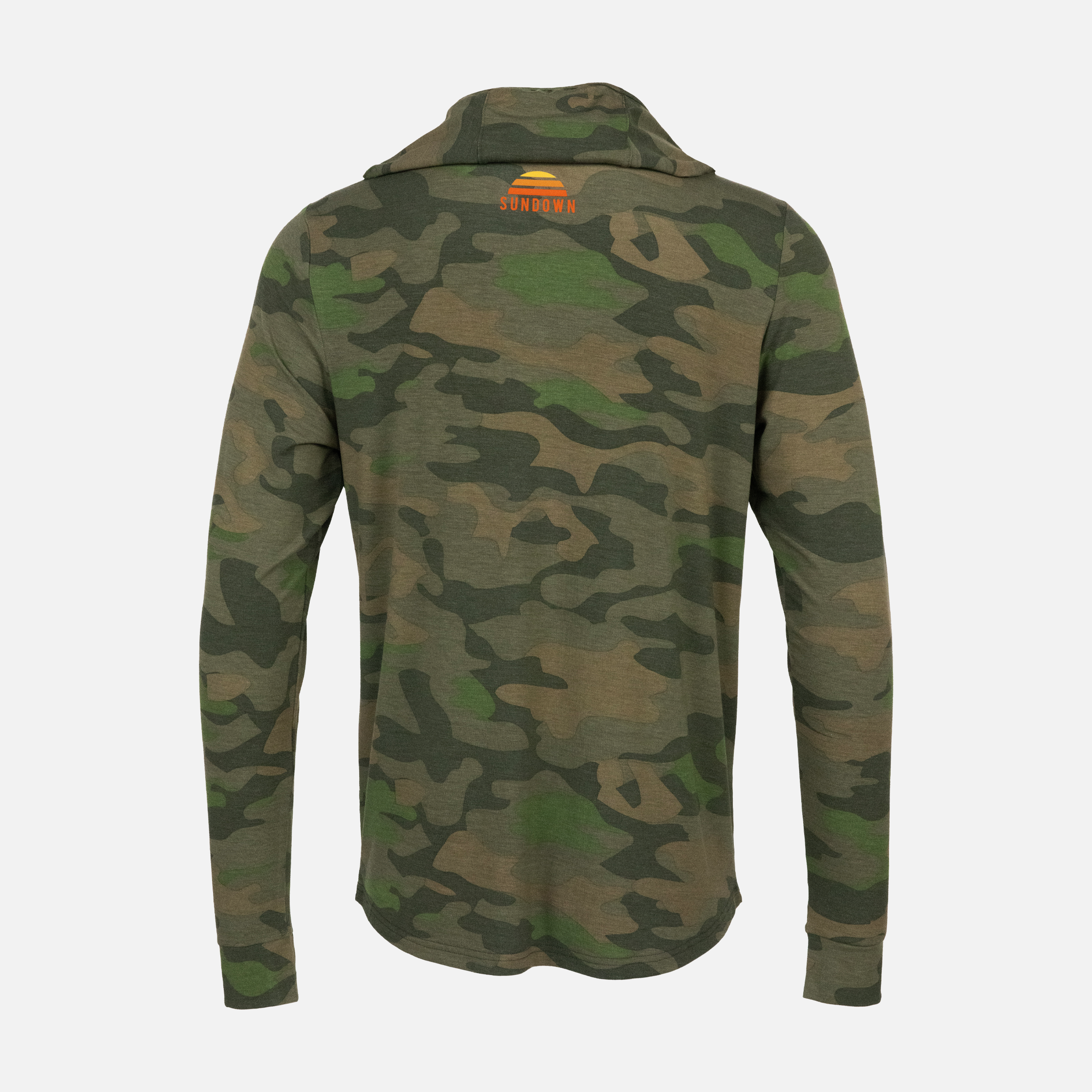 rear view of Vintage Camo Bamboo Sun Hoodie L/S with Orange and Yellow SUNDOWN logo on upper back