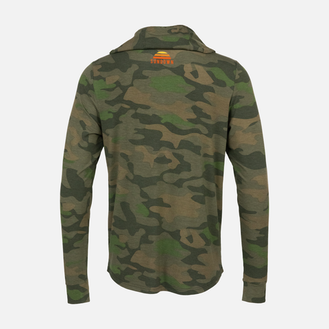 rear view of Vintage Camo Bamboo Sun Hoodie L/S with Orange and Yellow SUNDOWN logo on upper back