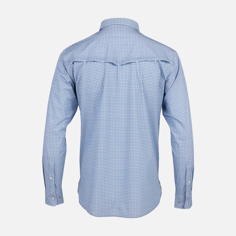 rear view of Blue Gingham Pearl Snap Field Shirt L/S showing rear vents