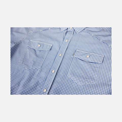 closeup of front buttons and chest pockets of Blue Gingham Pearl Snap Field Shirt L/S