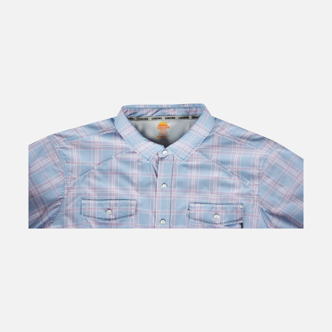 Closeup of collar of Blue/Pink Plaid Pearl Snap Field Shirt L/S