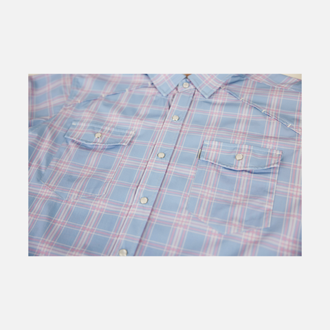 Closeup of front buttons and chest pockets of Blue/Pink Plaid Pearl Snap Field Shirt L/S