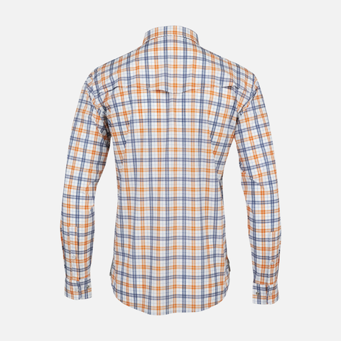 Rear view of Orange/Navy Plaid Pearl Snap Field Shirt L/S showing rear vents