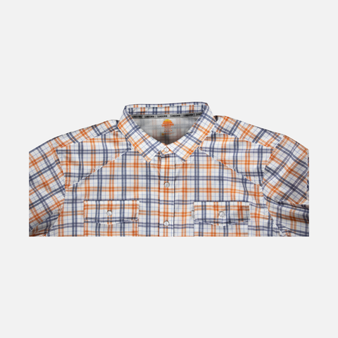 Closeup of collar of Orange/Navy Plaid Pearl Snap Field Shirt L/S