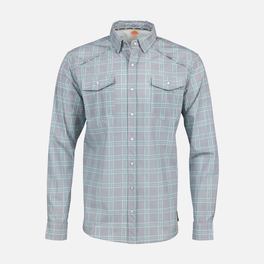 Seafoam/Grey Plaid Pearl Snap Field Shirt L/S with shoulder vents - Sundown Supply Co