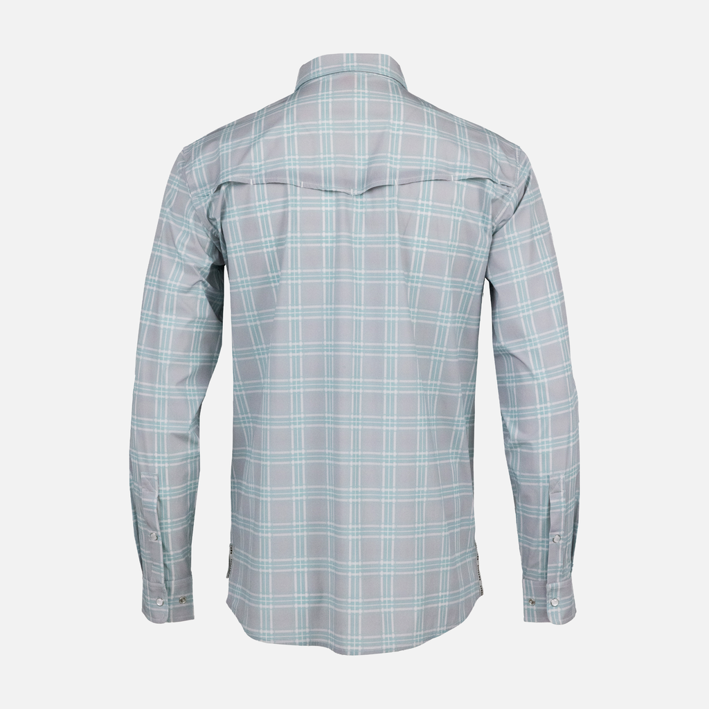 Rear view of Seafoam/Grey Plaid Pearl Snap Field Shirt L/S showing rear vents - Sundown Supply Co