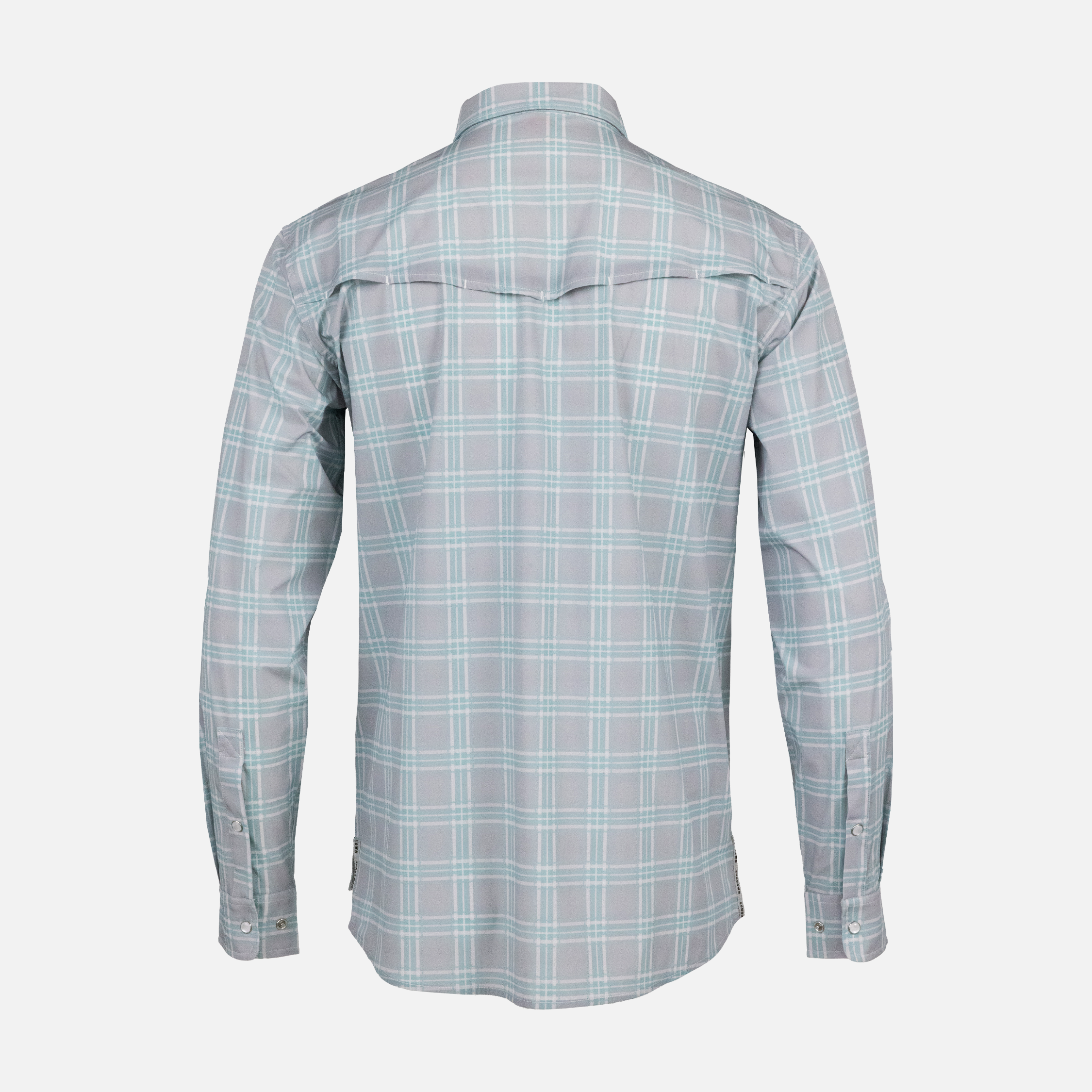 Rear view of Seafoam/Grey Plaid Pearl Snap Field Shirt L/S showing rear vents - Sundown Supply Co