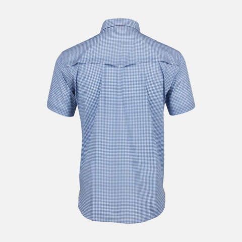 rear view of Blue Gingham Pearl Snap Field Shirt S/S showing rear vents