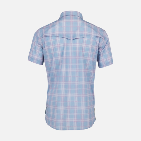 Rear view of Blue/Pink Plaid Pearl Snap Field Shirt S/S showing rear vents