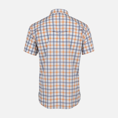 Rear view of Orange/Navy Plaid Pearl Snap Field Shirt S/S showing rear vents