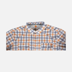 Closeup of collar of Orange/Navy Plaid Pearl Snap Field Shirt S/S