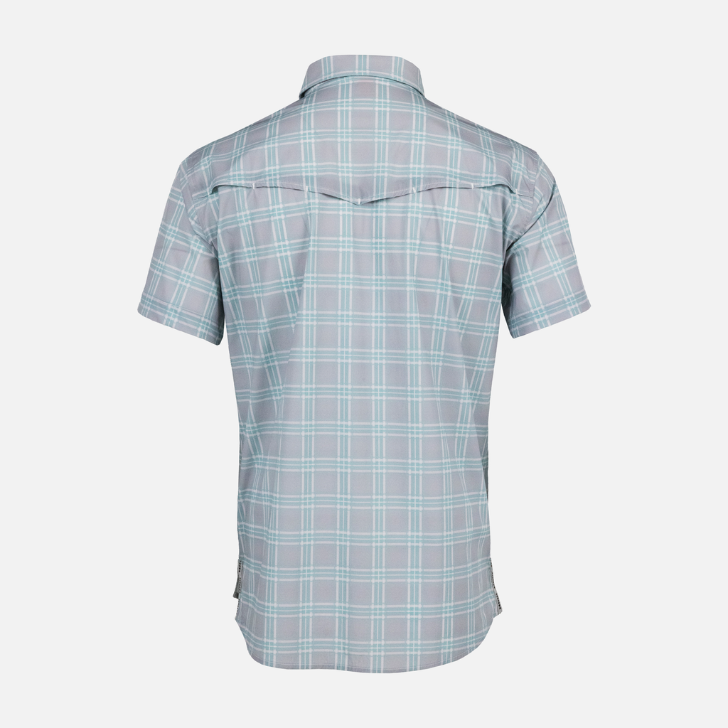 Rear view of Seafoam/Grey Plaid Pearl Snap Field Shirt S/S showing rear vents