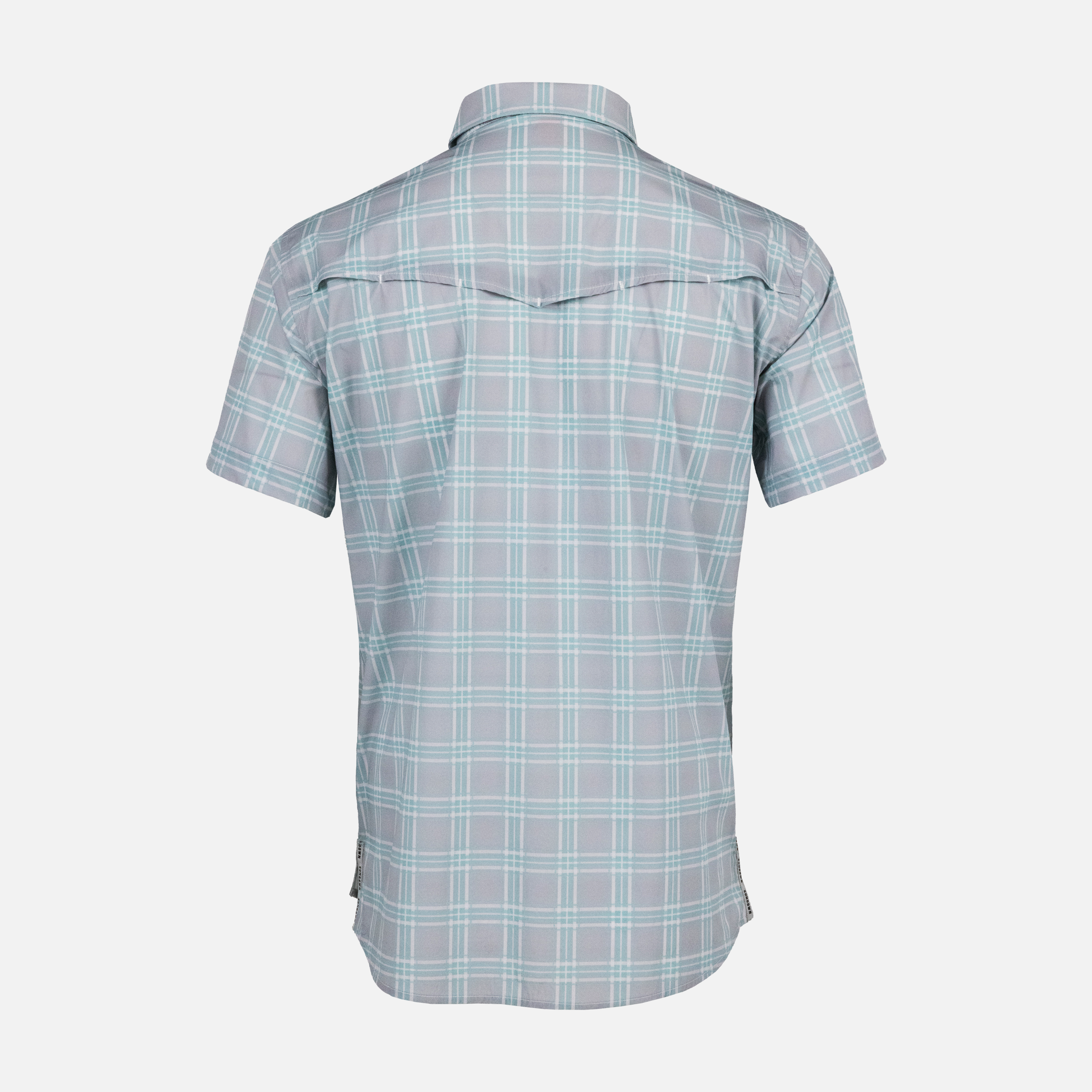 Rear view of Seafoam/Grey Plaid Pearl Snap Field Shirt S/S showing rear vents
