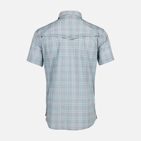 Rear view of Seafoam/Grey Plaid Pearl Snap Field Shirt S/S showing rear vents