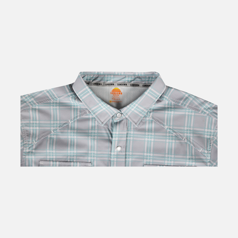 Closeup of collar of Seafoam/Grey Plaid Pearl Snap Field Shirt S/S