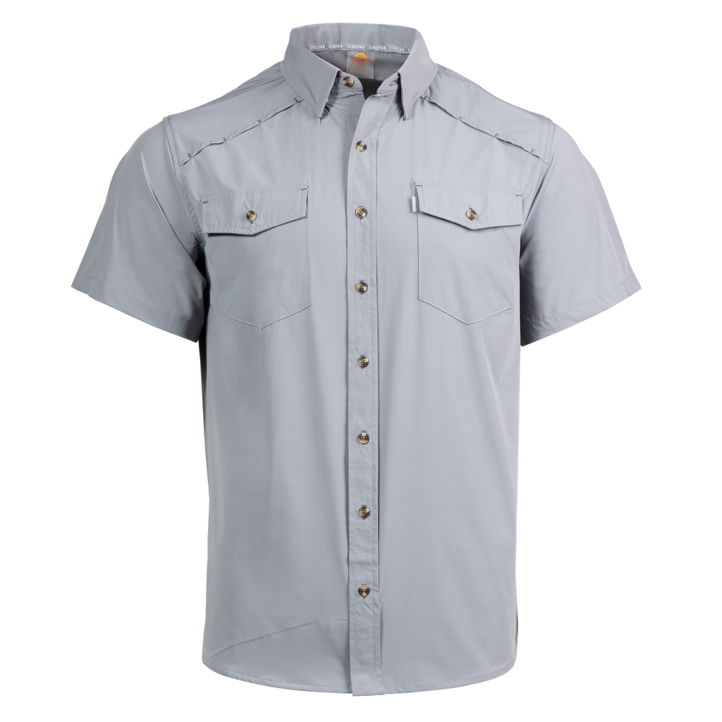 Gray short-sleeve button-up shirt on a white background