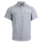 Gray short-sleeve button-up shirt on a white background