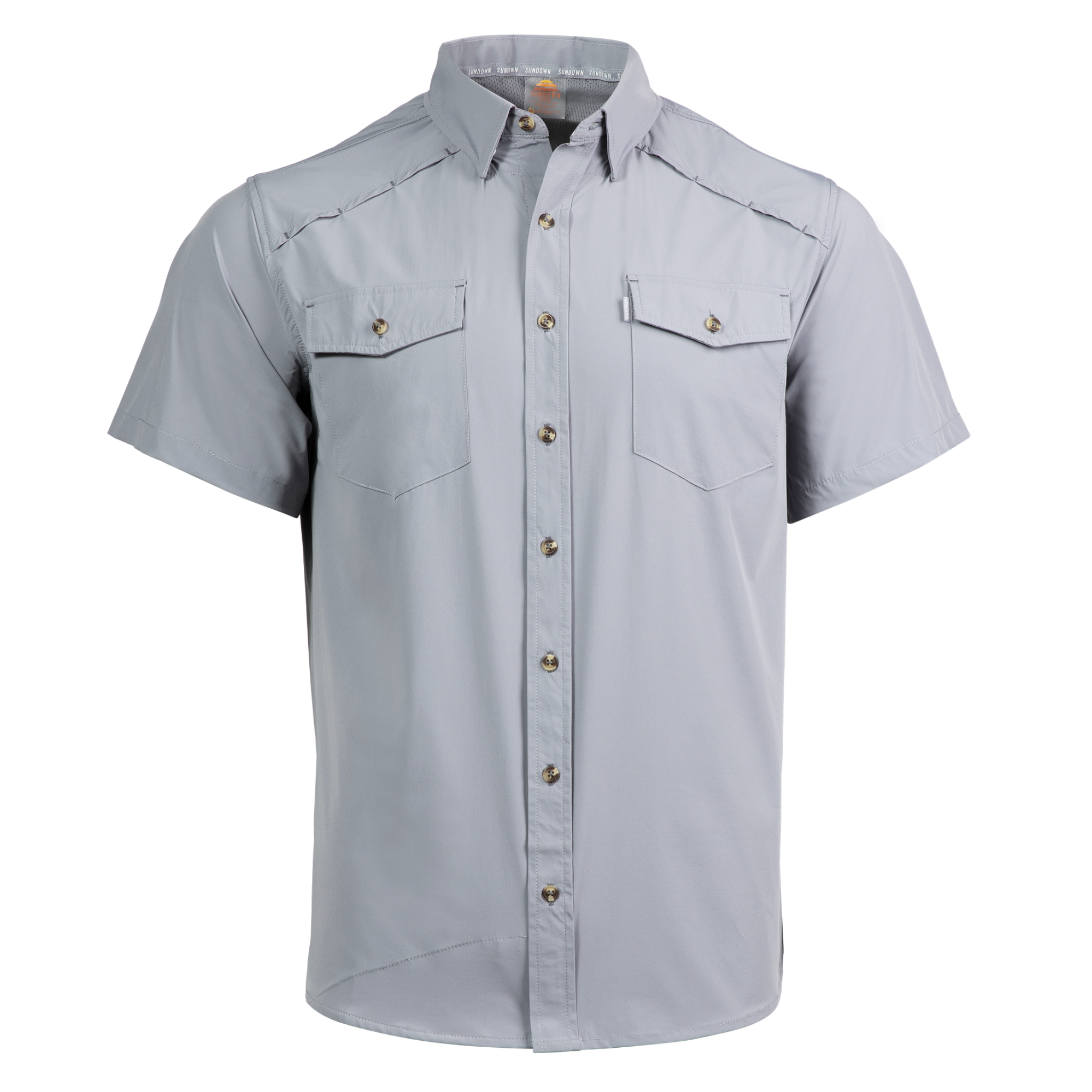Gray short-sleeve button-up shirt on a white background